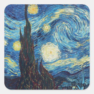 Sticker Carré Van Gogh Nuit étoilée Vintage Bleu Chef-d'œuvre