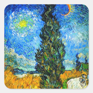 Sticker Carré Van Gogh Road avec Cypress et Star