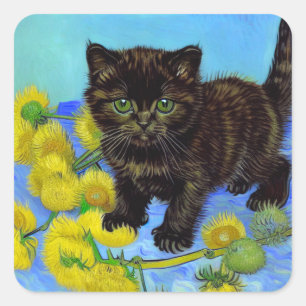 Sticker Carré Van Gogh Style Chat avec tournesol
