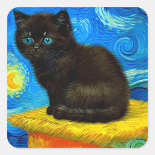Sticker Carré Van Gogh Style Starry Night Cat