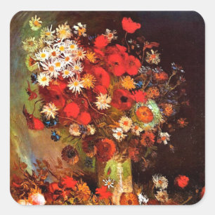 Sticker Carré Van Gogh - Vase avec Coquelicots, Bleuets, Pivoine