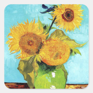 Sticker Carré Vase aux trois tournesols papier d'art de Van Gogh