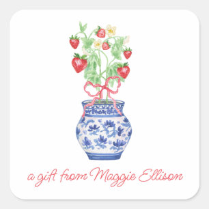 Sticker Carré Vase Chinoiserie de fraises rouges Cadeau