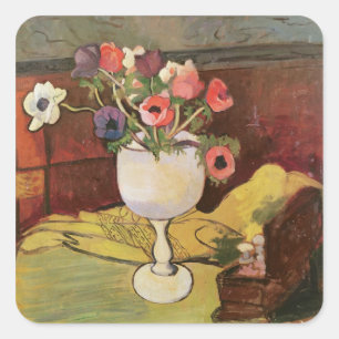 Sticker Carré Vase de fleurs, anémones en verre blanc