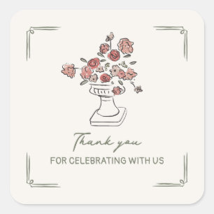 Sticker Carré Vase Floral de Sauge Rouge Atténué Dessiné à la Ma