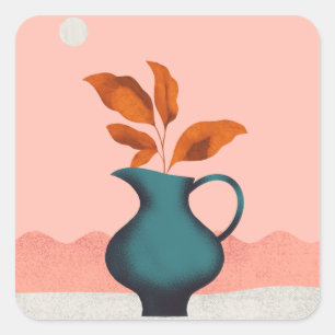 Sticker Carré Vase minimaliste moderne avec art Feuille