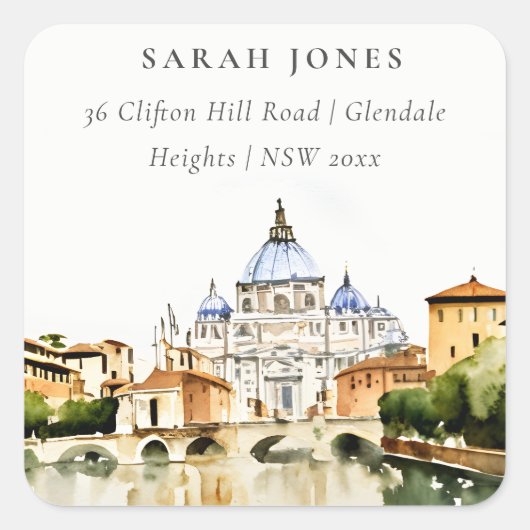 Sticker Carré Vatican Rome Italie Aquarelle Adresse Paysage (Devant)
