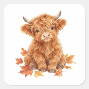 Sticker Carré Veau des Highlands avec feuilles d'automne