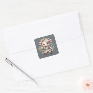 Sticker Carré Veau mignon Farmcore dans une robe florale vintage