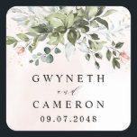 Sticker Carré Végétation dorée Succulente Dusty Blue Mariage<br><div class="desc">Le design présente des éclaboussures d'aquarelle rose pâle ou rousse avec des éclaboussures imprimées en or simulées. Le design présente également des éléments floraux rose vif dans un bouquet ou une couronne de verdure. La couronne contient un succulent eucalyptus et d'autres éléments de verdure dans les tons vert émeraude foncé,...</div>