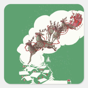 Sticker Carré Veille de Noël vintage, Père Noël rétro dans son t