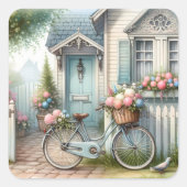 Sticker Carré Vélo de chalet bleu avec panier à fleurs de printe (Devant)