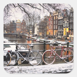 Sticker Carré Vélos dans la neige à Amsterdam