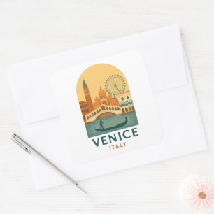 Sticker Carré Venise Vintage Italie Voyage Gondole et Ville Rétr