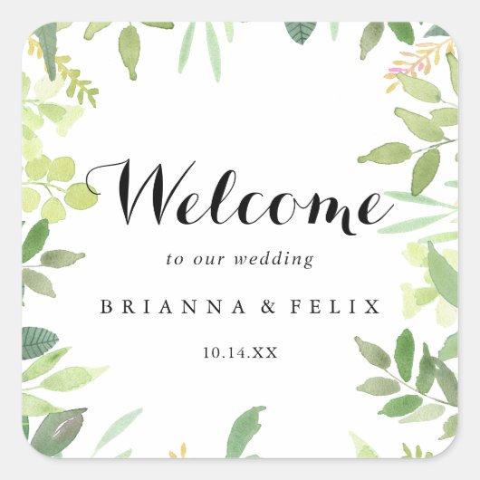 Sticker Carré Verdure Botanique Foliage Mariage Bienvenue (Devant)