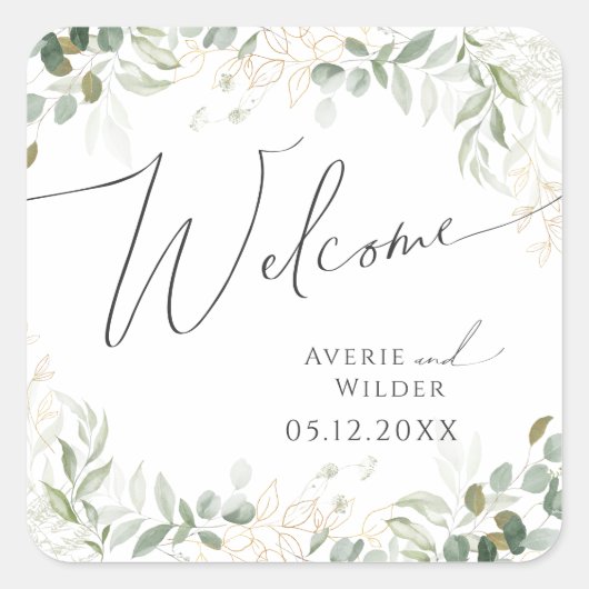 Sticker Carré Verdure et or | Bienvenue Mariage (Devant)