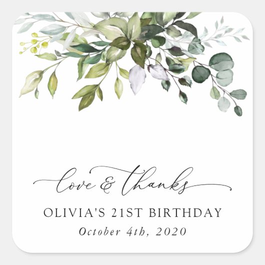 Sticker Carré Verdure, Eucalyptus Feuilles, Boho, Anniversaire (Devant)