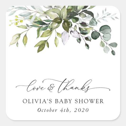 Sticker Carré Verdure, Eucalyptus Feuilles, Boho, Baby shower (Devant)