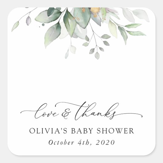 Sticker Carré Verdure, Eucalyptus Feuilles, Boho, Baby shower (Devant)