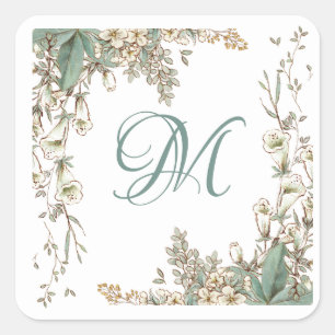 Sticker Carré Verdure Floral Garland Script Monogramme Élégant