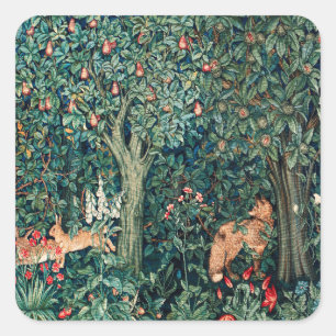 Sticker Carré VERDURE, Hares d'ANIMAUX FORESTIERS, Renard, Flora