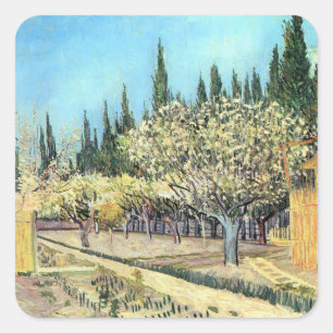 Sticker Carré Verger en fleurs de Van Gogh bordé de cyprès