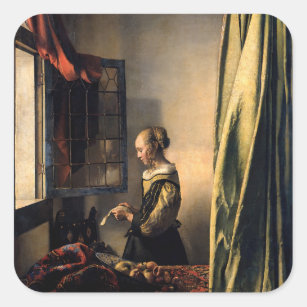 Sticker Carré Vermeer - Fille lisant une lettre à une fenêtre ou