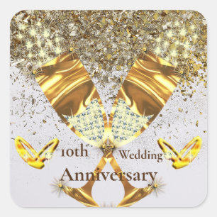 Sticker Carré Verre de champagne d'or 10e anniversaire mariage