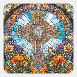 Sticker Carré Verre tendu Sainte Croix avec Fleurs