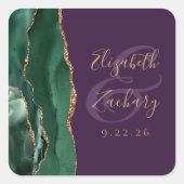 Sticker Carré Vert émeraude Or Agate Script Mariage Violet (Devant)