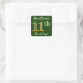 Sticker Carré Vert, Faux Gold 11e anniversaire + Nom personnalis (Sac)