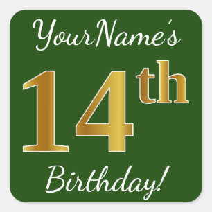 Sticker Carré Vert, Faux Gold 14e anniversaire + Nom personnalis