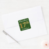 Sticker Carré Vert, Faux Gold 17e anniversaire + Nom personnalis (Enveloppe)