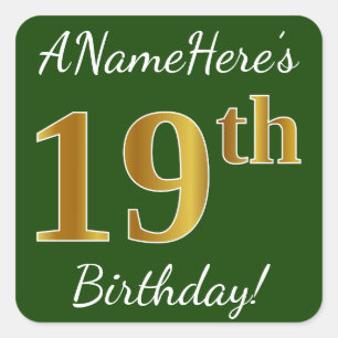 Sticker Carré Vert, Faux Gold 19e anniversaire + Nom personnalis