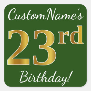 Sticker Carré Vert, Faux Gold 23ème anniversaire + Nom personna