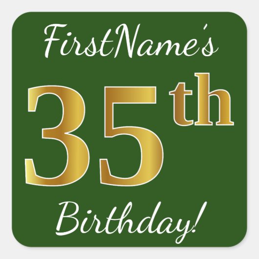 Sticker Carré Vert, Faux Gold 35e anniversaire + Nom personnalis (Devant)