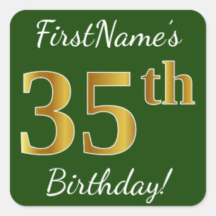 Sticker Carré Vert, Faux Gold 35e anniversaire + Nom personnalis