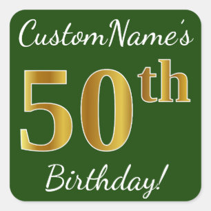 Sticker Carré Vert, Faux Gold 50e anniversaire + Nom personnalis