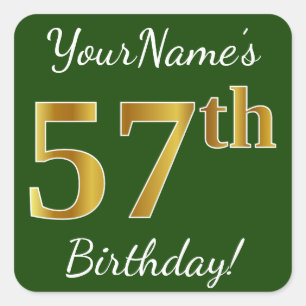 Sticker Carré Vert, Faux Gold 57e anniversaire + Nom personnalis