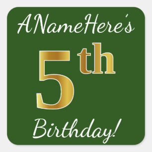 Sticker Carré Vert, Faux Gold 5e anniversaire + Nom personnalisé