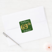 Sticker Carré Vert, Faux Gold 69e anniversaire + Nom personnalis (Enveloppe)