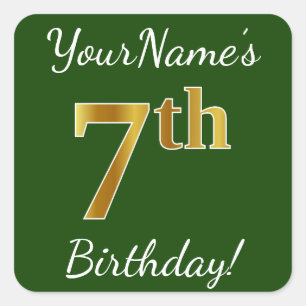 Sticker Carré Vert, Faux Gold 7e anniversaire + Nom personnalisé