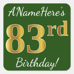 Sticker Carré Vert, Faux Gold 83ème anniversaire + Nom personnal