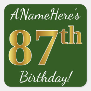 Sticker Carré Vert, Faux Gold 87e anniversaire + Nom personnalis