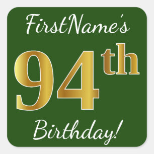 Sticker Carré Vert, Faux Gold 94e anniversaire + Nom personnalis