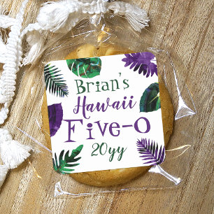 Sticker Carré Vert, Feuilles Violettes Prune Hawaï 50e Anniversa