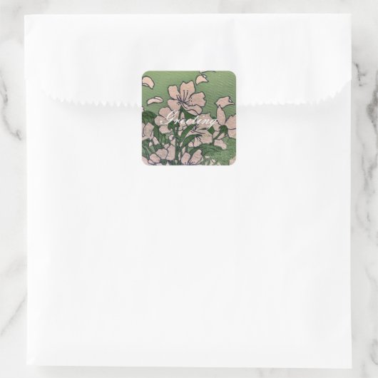 Sticker Carré Vert fleur rose (Sac)