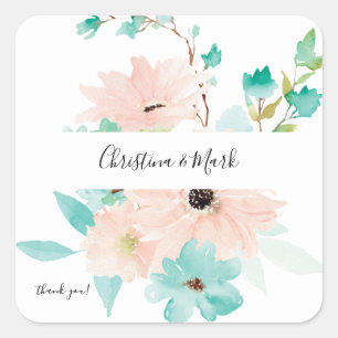 Sticker Carré Vert menthe et floral rose Merci 2