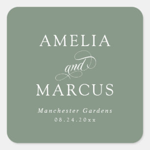 Sticker Carré Vert Sauge Mariage Calligraphie Vintage