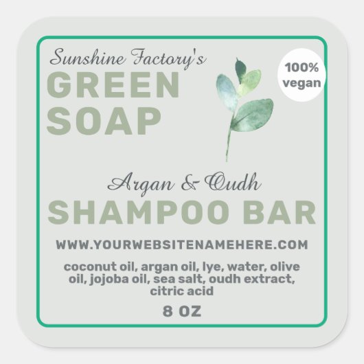 Sticker Carré vert Vegan Soap Shampoo Bar (Devant)